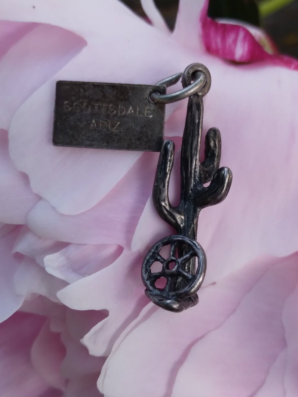 Vintage Southwestern Cactus and Wagon Wheel Sterling Silver Travel Charm